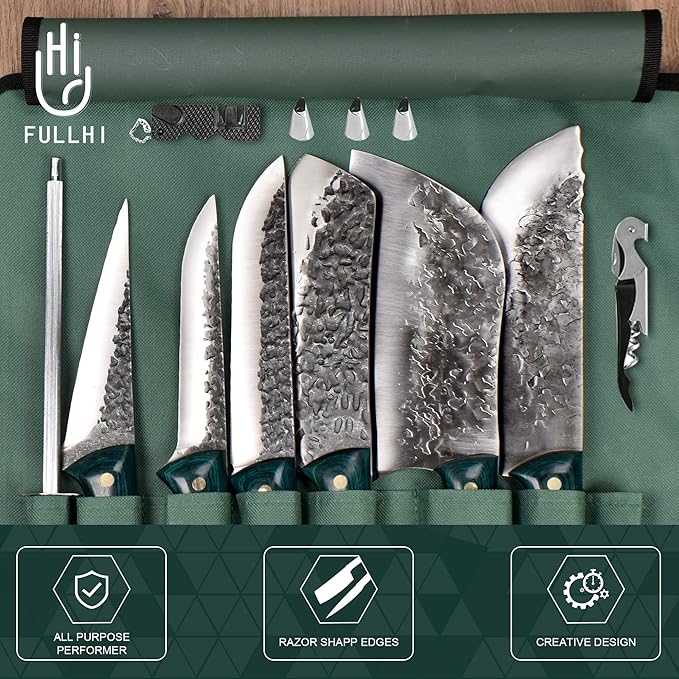 FULLHI Portable 12pcs Butcher Knife Set Green Woodhandle with Knife Bag Hand Forged Chef Boning Knife High Carbon Steel Viking for Kitchen, Camping, BBQ