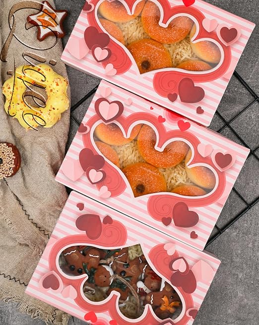 qiqee Valentine's Day Cookie Boxes for Gift Giving 8x5.3x2 inch 36Packs Treat Box with Window Bakery Box for Valentine's Day