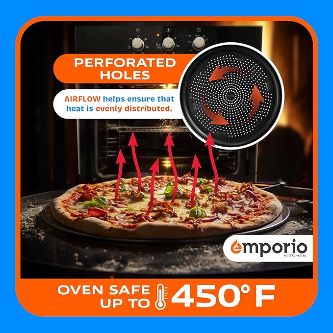 Pizza Baking Pan - 15.75-Inch Round Perforated Carbon Steel Tray with Non-Stick Coating, Dishwasher Safe, Oven Safe (Up To 450° F), Airflow Design, PFOA, PFOS, PTFE Free, Gray