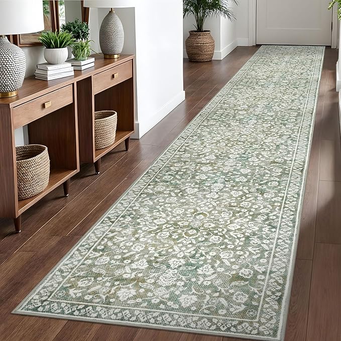 Vintage 2.6x16 Hallway Runner, Sage Green Beige Washable Non-Slip Long Hallway Carpet, Super Soft Kitchen Runner, Print Faux Wool Floral Thin Carpet for Entryway