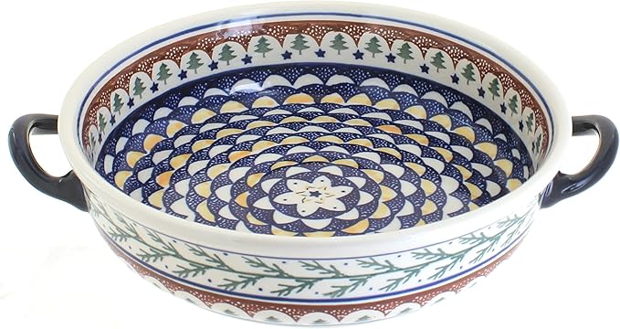 Blue Rose Polish Pottery - Green Evergreen Round Casserole with Handles - 10.25" Diameter - Unique, Dishwasher Safe, & Durable Bakeware