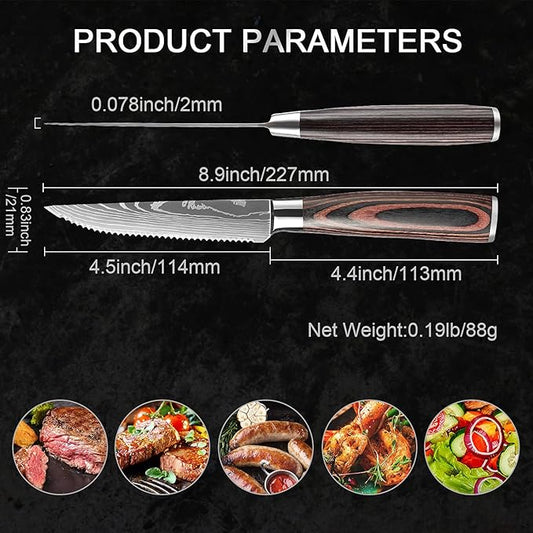 Serrated Steak Knife Set - 4pcs Premium 4.5 inch Kitchen Cutting Steak Knives, German Stainless Steel Knife Professional Table Dinner Knife with Pakkawood Handle for Home Restaurant, Gift Box