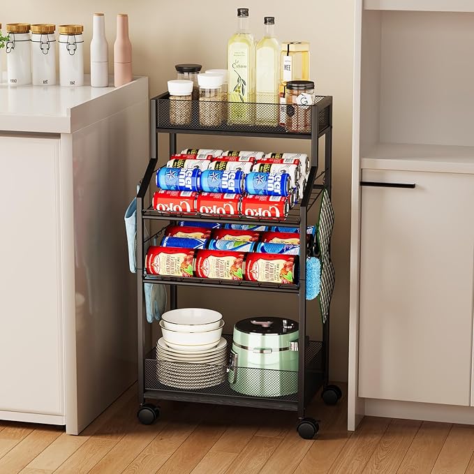 Can Organizer for Pantry - Rolling Snack Cart, Multi-Layer Soda Can Organizer for Pantry, Mobile Beverage Storage Rack with Wheels, Versatile Metal Shelf for Kitchen and Office, Black
