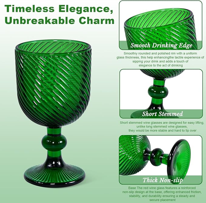 Vintage Wine Glasses Set of 6, 12 OZ Christmas Green Glass Water Goblets, Embossed Floral Decorative Crystal Glass Cups Set, Dishwasher Safe, for Wedding, Party, Red Wine Glass, Bars, Restaurants