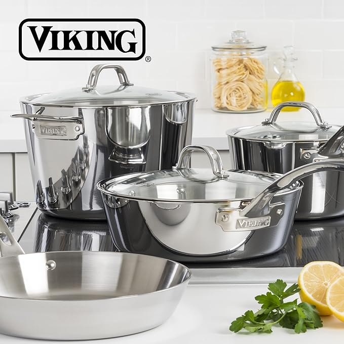Viking 5-Ply Pots and Pans Set, 5 Piece Stainless Steel Kitchen Cookware, Silver