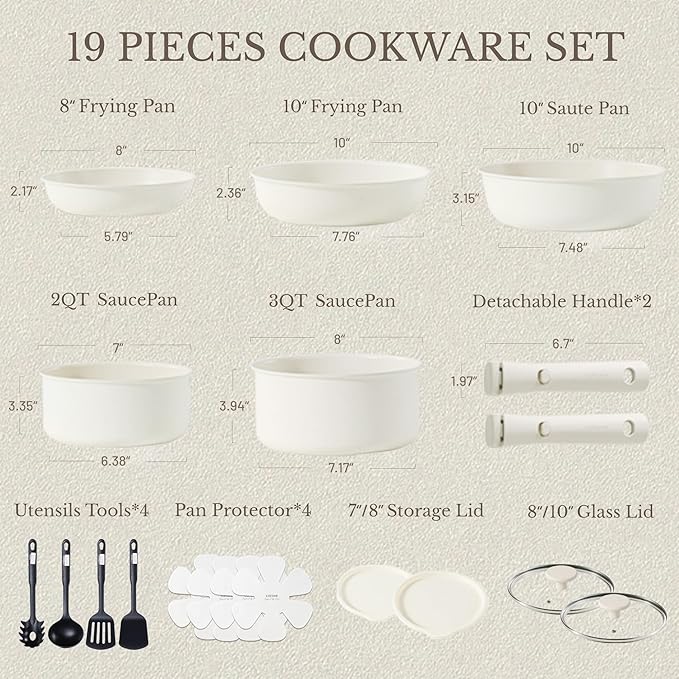 CAROTE 19pcs Pots and Pans Set, Nonstick Cookware Set Detachable Handle, Induction Kitchen Cookware Sets Non Stick with Removable Handle, RV Cookware Set, Oven Safe