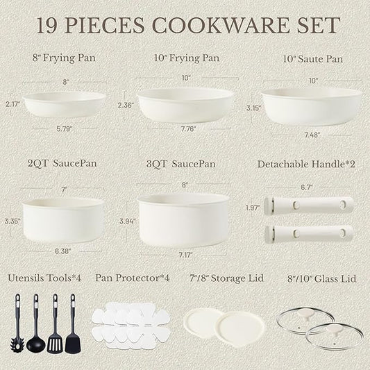CAROTE 19pcs Pots and Pans Set, Nonstick Cookware Set Detachable Handle, Induction Kitchen Cookware Sets Non Stick with Removable Handle, RV Cookware Set, Oven Safe