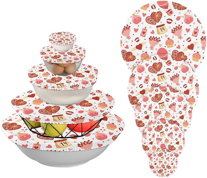 5 Pcs Bowl Covers Reusable in 5 Size Elastic Food Cover Cloth Lids Fresh Keeping Dish Cookware Bakeware Fabric Covers Lids for Food Leftovers Fruits Storage Valentine Romantic Love Flowers