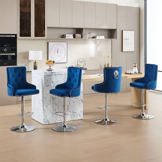 Velvet Lion Bar Stools Set of 4, Modern Height Adjustable Swivel Barstools with Chrome Base, Tufted Counter Height Bar Stools Upholstered Bar Chairs for Kitchen Island, Dining Room, Blue