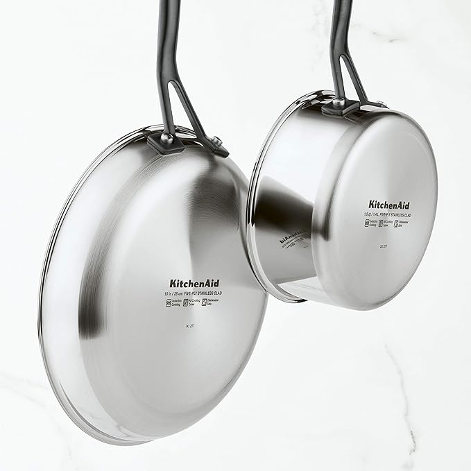 KitchenAid 5-Ply Clad Polished Stainless Steel Cookware Pots and Pans Set, 10 Piece