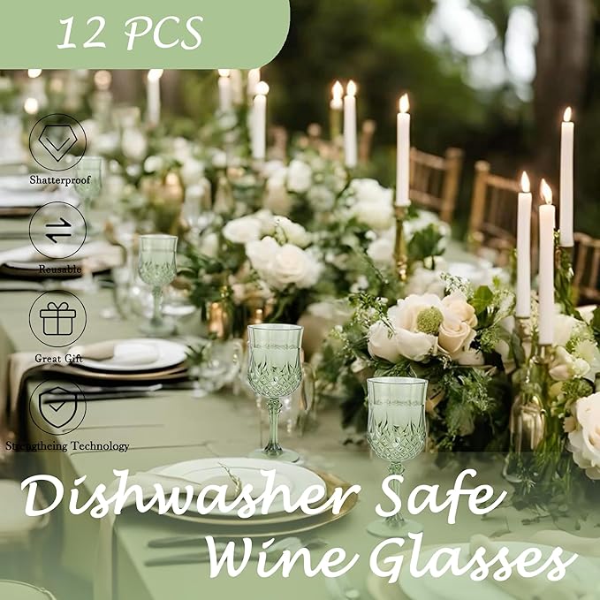 Plastic Wine Glasses,Plastic Goblets Vintage Style Cordial Drinking Glasses for Wedding Reception, Grand Event Party Supplies (12, New Green)