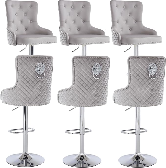 Velvet Lion Bar Stools Set of 6, Modern Height Adjustable Swivel Barstools with Chrome Base, Tufted Counter Height Bar Stools Upholstered Bar Chairs for Kitchen Island, Dining Room, Grey