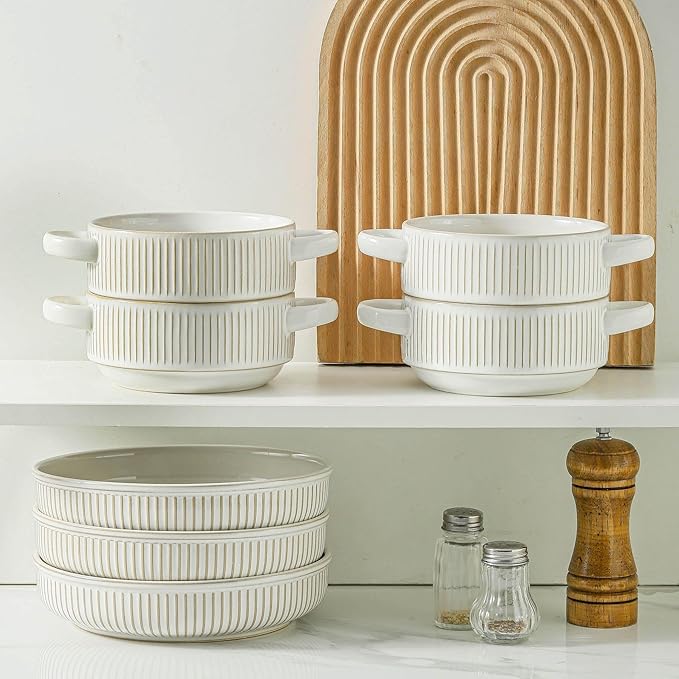 Soup Bowls with Handles, 20 oz French Onion Soup Crocks, Stackable Soup Bowl Oven Safe for Chili, Beef Stew, Embossment Ceramic Bowl Set - 5.4 Inch, Set of 4,Blue