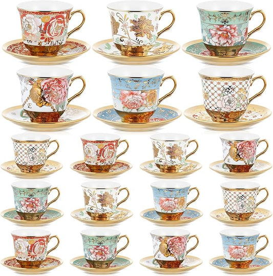 Set of 18 Tea Cups and Saucers Tea Party Decorations Floral Porcelain 5.4 oz British Gift for Women Birthday Party, Church, and Mother's Day (Stylish Style,5.4 oz)