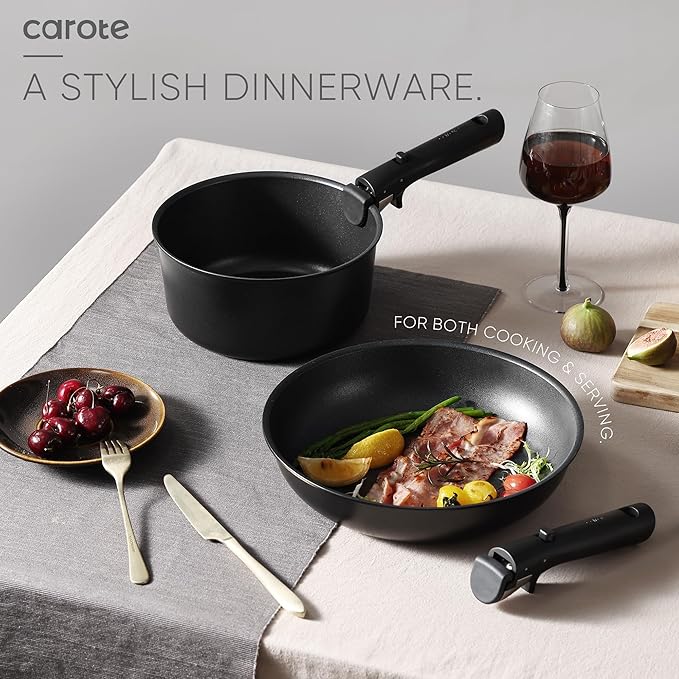 CAROTE 19Pcs Pots and Pans Set Non Stick, Cookware Set Detachable Handle, Nonstick Induction Kitchen Sets Non Stick with Removable Handle, RV Cook Ware, Oven Safe, Black