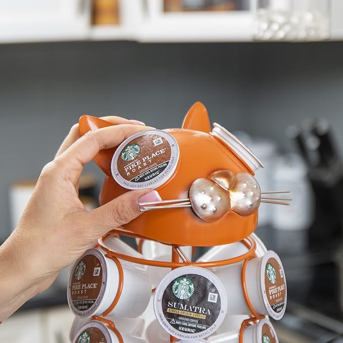 Made Easy Kit Carousel Coffee Pod Holder, Compatible with Keurig K-Pods K-Cups, Countertop Rack Storage Organizer, Metal Home and Kitchen Decor, Capsule Café Station Bar (Small, Orange Cat)