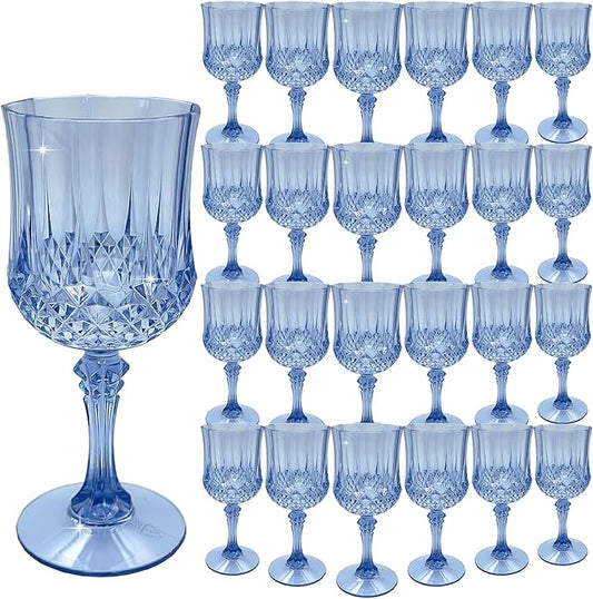Plastic Wine Glasses,Plastic Goblets Vintage Style Cordial Drinking Glasses for Wedding Reception, Grand Event Party Supplies (24, Blue)