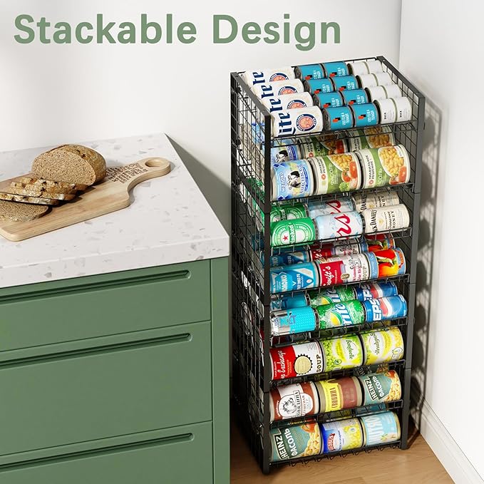 JKsmart 2-Tier Stackable Rack Organizer for Pantry, Adjustable Dispenser Holds Up to 90 Cans, Storage Holder for Various Ounces of Canned Drinks, Black, 3 Pack