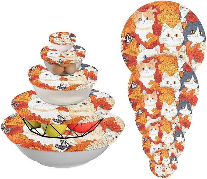5 Pcs Bowl Covers Reusable in 5 Size Elastic Food Cover Cloth Lids Fresh Keeping Dish Cookware Bakeware Fabric Covers Lids for Food Leftovers Fruits Storage Orange Chrysanthemum and Cute Ca