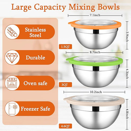 LIANYU Mixing Bowls with Lid Sets of 3, Large & Small Stainless Steel Metal Salad Mixing Bowls, 1.5 & 3 & 4.6QT Sizes For Kitchen Cooking, Baking, Storage, Food Prepping, Serving, Three-Color
