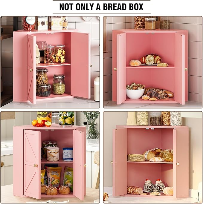 Corner Bread Box for Kitchen Counter Double Layer Bamboo Bread Storage Container Large Capacity Bread Storage Bin Farmhouse Breadbox Organizer (Pink)
