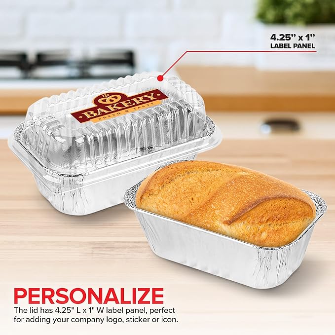 Stock Your Home Disposable Aluminum Mini Loaf Pans with Lids, 1 lb (30 Pack) New & Improved Plastic Dome Lid Foil Baking Tins, Tin Pans for Cake, Bread, Holiday Baked Goods Packaging