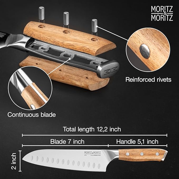 Moritz & Moritz 7-Inch Santoku Knife β Japanese Chef Knife with German Steel Blade, Acacia Wood Handle, Professional Kitchen Knives for Meat, Vegetables, Sushi, Chopping & Slicing
