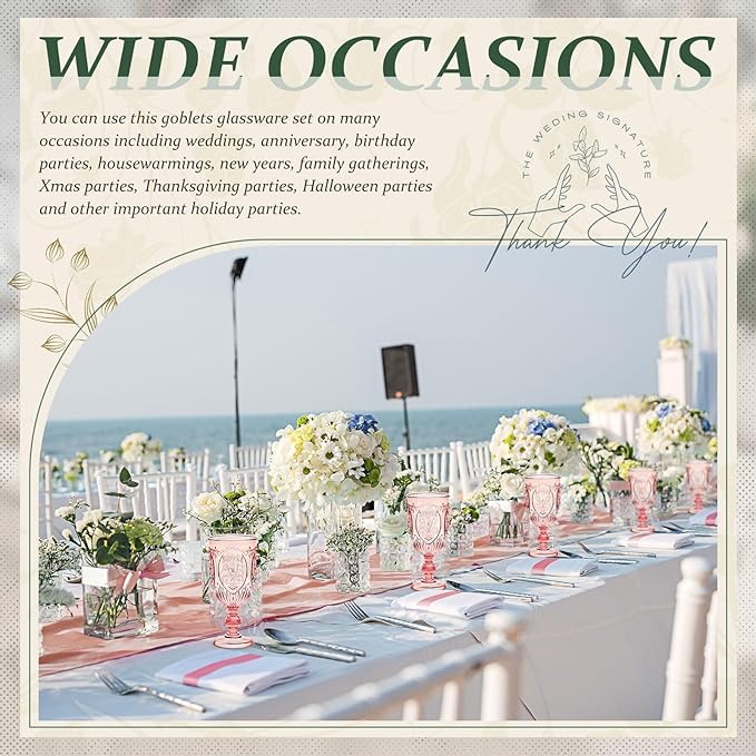 48 Pcs Plastic Goblets 7.5oz Vintage Goblet Plastic Wine Glasses Colored Retro Embossed Water Goblets for Wine Bar Juice Baby Shower Wedding Reception Grand Event Party (Pink)