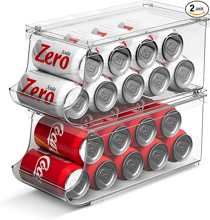 Set of 2 Stackable Drink Can Organizer for Fridge, Freezer, Kitchen, Countertops, Cabinets - Soft Drink Holder for Refrigerator with Lid, Soda Can Dispenser, BPA Free, Holds 9 Cans Each