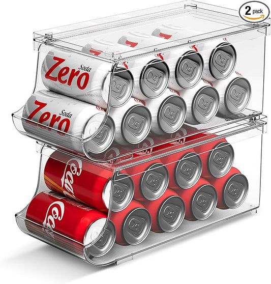 Set of 2 Stackable Drink Can Organizer for Fridge, Freezer, Kitchen, Countertops, Cabinets - Soft Drink Holder for Refrigerator with Lid, Soda Can Dispenser, BPA Free, Holds 9 Cans Each