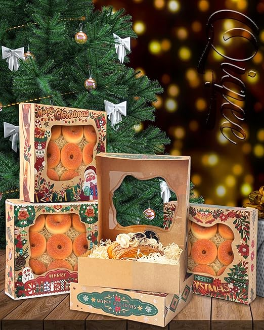 qiqee Christmas Kraft Pie Boxes with Window 10x10x2.5 inch 30Packs Cookie Donut Bakery Box