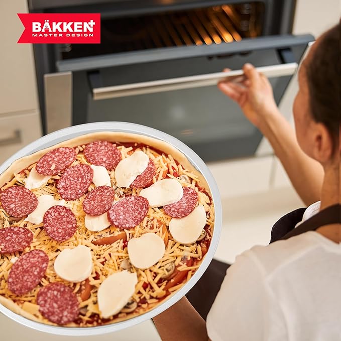 Bakken Swiss Pizza Tray Set 3-Piece – Gray Ceramic Coating, Non-Stick, Round Steel Pizza Pans - Dishwasher Safe, Premium Bakeware for Home Cooking Heatly coating