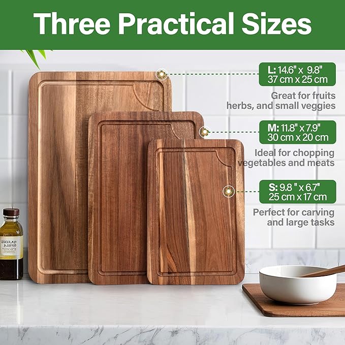 Wood Cutting Board For Kitchen, Wooden Cutting Board Set of 3 with Juice Groove, Double-Sided Chopping Board Serving Board for Meat, Vegetables and Cheese