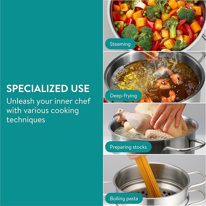 Navaris Stainless Steel Pasta Pot, 5.7 L (6.1 Qt) - Versatile Pot for Pasta, Vegetables and More - Suitable for Induction, Gas, Electric & Oven - Dishwasher Safe