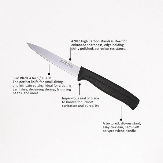 Paring Knife 4 Inch - MATTSTONE HILL Kitchen Utility Knife, Vegetable Knife, Slim Blade, Premium Stainless Steel, Semi Soft Handle, Black