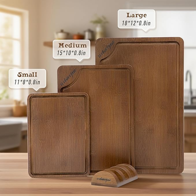 Extra Large Bamboo Cutting Board for Kitchen (Set of 3), with Deep Juice Grooves & Built-in Handles, Kitchen Gifts for Meat & Vegetables and Fruits, Durable Wood Cutting Boards with Holder