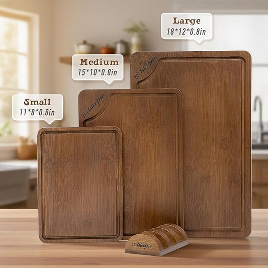 Extra Large Bamboo Cutting Board for Kitchen (Set of 3), with Deep Juice Grooves & Built-in Handles, Kitchen Gifts for Meat & Vegetables and Fruits, Durable Wood Cutting Boards with Holder