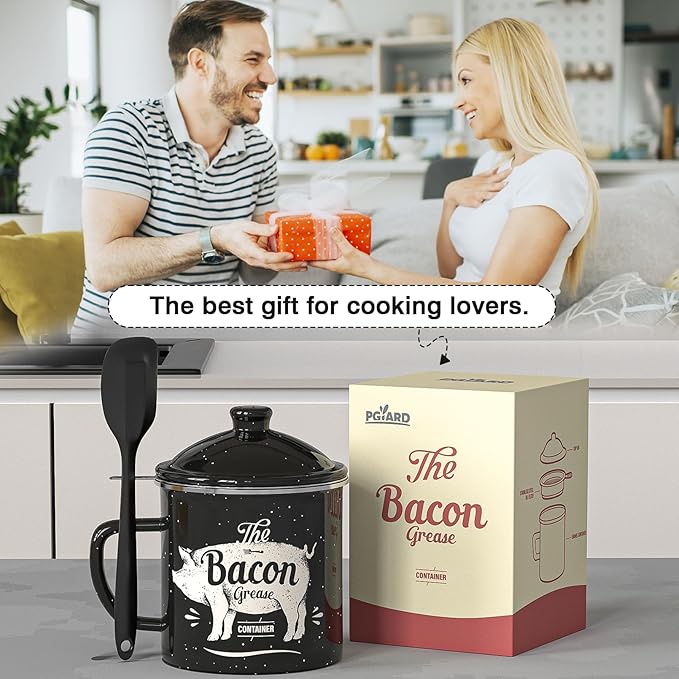 Bacon Grease Container With Strainer, 46OZ Large Enamel Grease Container, With Silicone Spatula, Farmhouse Bacon Grease Keeper, Cooking Oil Container For Kitchen Fat Storage, Dishwasher Safe-Black
