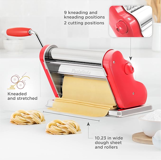 PASTALINDA Classic 260 Pasta Maker Machine, 26 cm Wide Rollers, 9 Thickness Positions, 2 Cutting Positions, Stainless Steel. Includes Reinforced Hand Crank And Two Clamps (Coral)