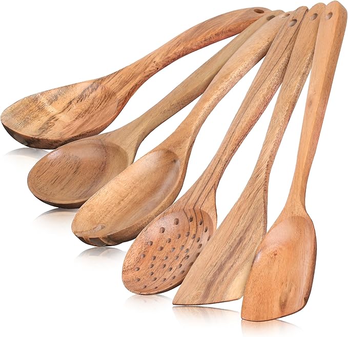 INTAJ Wooden Spoon Set for Cooking & Serving – 6-Piece Eco-Friendly Kitchen Utensils – Handmade Acacia Wood Spoons for Serving, Gifting & Daily Use – Non-Toxic, Sustainable Cookware Essentials