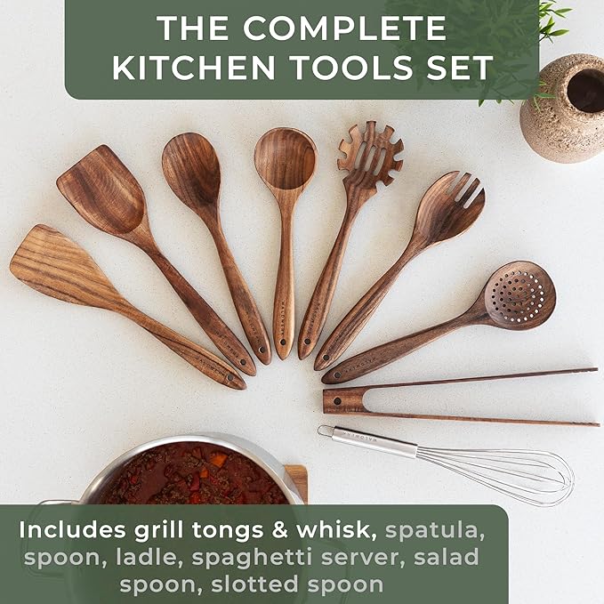 WALDWERK Wooden Spoons for Cooking β 9-Piece Kitchen Utensils Set with Spatula, Tongs, Whisk, Wooden Spoons & Pasta Server β Wooden Utensil Set β Utensil Sets - Cooking Utensils - Non Toxic