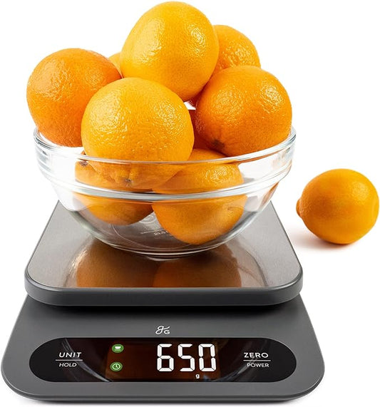 Greater Goods High Capacity Kitchen Scale, 10kg/22lb Capacity Food Scale for Bulk Cooking & Baking, Touch Controls, Hi-Def LCD, Stainless Steel Platform, Precise to 1g