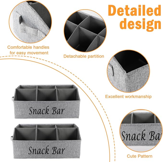 2 Pack Countertop Snack Organizer, Fabric Snack Box Basket with Handles, 6 Compartment Kitchen Cabinet Pantry Organizer and Storage - Grey