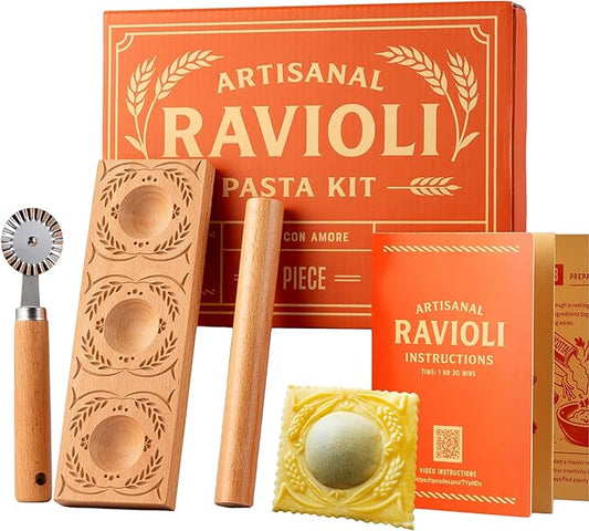 Cooking Gift Set Co. Artisanal Ravioli Maker Press, Wooden Ravioli Mold & Pasta Maker, Ravioli Press, Pasta Cutter Wheel, Ravioli Maker Tool, Guide Pasta Making Tools Set for Homemade Pasta (3 Piece)