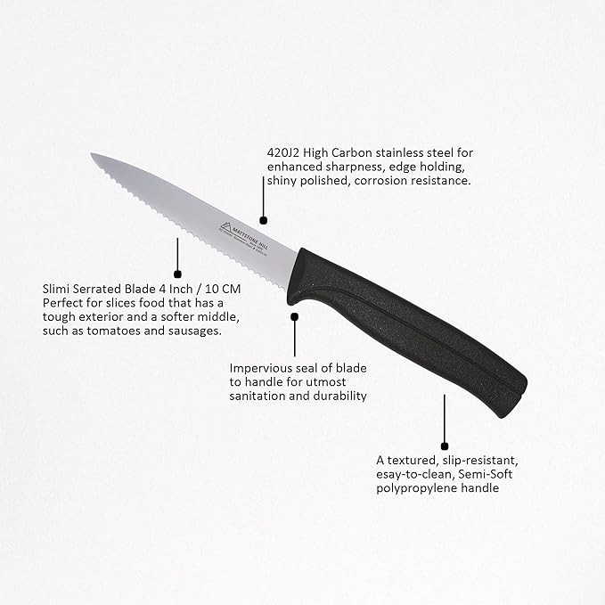 Kitchen Knife Set - MATTSTONE HILL Paring Knife Set, 4 Inch Serrated Utility Knife, Vegetable Knife Set, Slim Blade, Premium Stainless Steel, Semi Soft Handle, Black