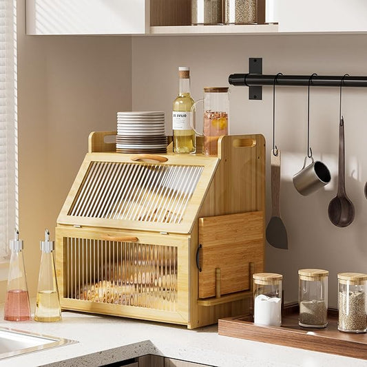 Bread Box for Kitchen Countertop, Large Bread Storage Container for Homemade Bread, Wooden Farmhouse Breadbox Organizers, Double Layer Bread Bin with Acrylic Window Bread Holder, Brown