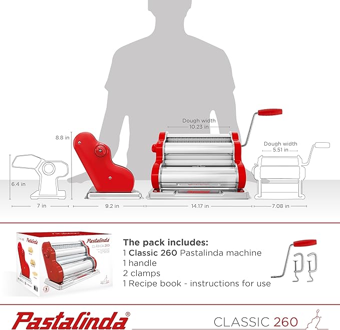PASTALINDA Classic 260 Pasta Maker Machine, 26 cm Wide Rollers, 9 Thickness Positions, 2 Cutting Positions, Stainless Steel. Includes Reinforced Hand Crank And Two Clamps
