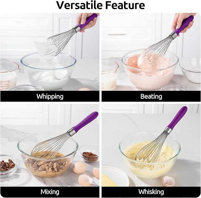 U-Taste Balloon Whisk for Cooking: 18/10 Stainless Steel Kitchen Wire Whisk, 12in Large Heavy Duty Egg Beater, Manual Mixing Tool with 12 High Flex Wires for Stirring, Blending Sauce (Purple)