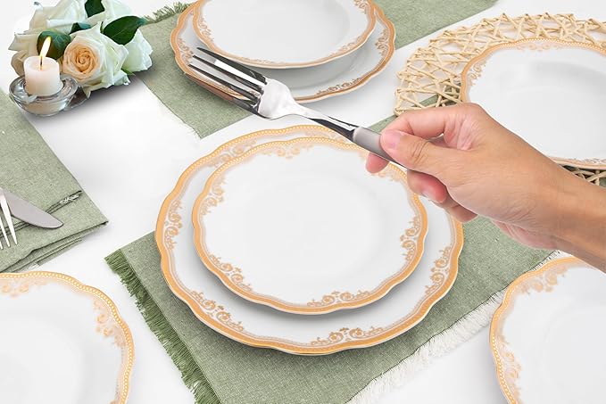32 Piece Dinnerware Sets for 8 – Elegant Porcelain Plates, Bowls – White and Gold Floral Vintage Design Dishware for Kitchen Table, Formal Dining or Everyday Use (Floral Gold)