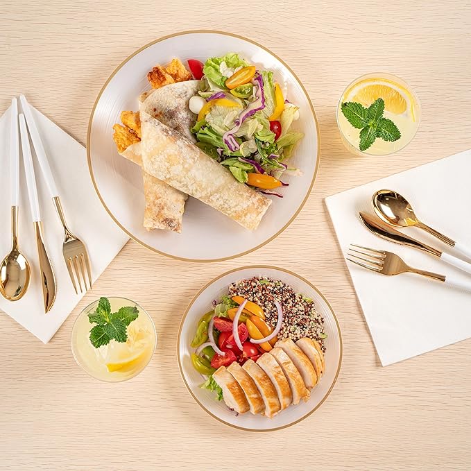 Restaurantware Plastic Plates 40 Pcs 7.13" and 10" Combo Gold Rimmed Plate Set Disposable Heavy-Duty White Translucent Rippled Plastic Dinner Servers for Party, Weddings, Salads, Desserts